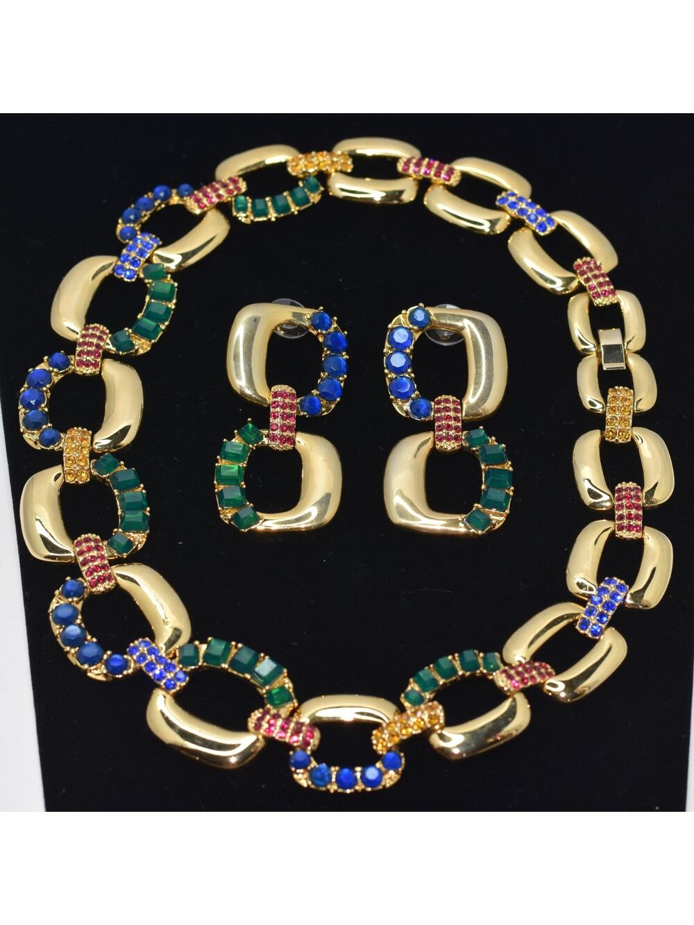SCASSI Runway Haute Couture Rhinestone Gold Link Statement Necklace+Earring Set